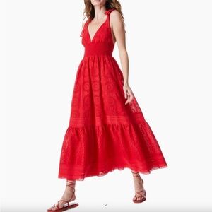 Alice + Olivia Levine Red Eyelet-embroidered Linen Summer Maxi Dress